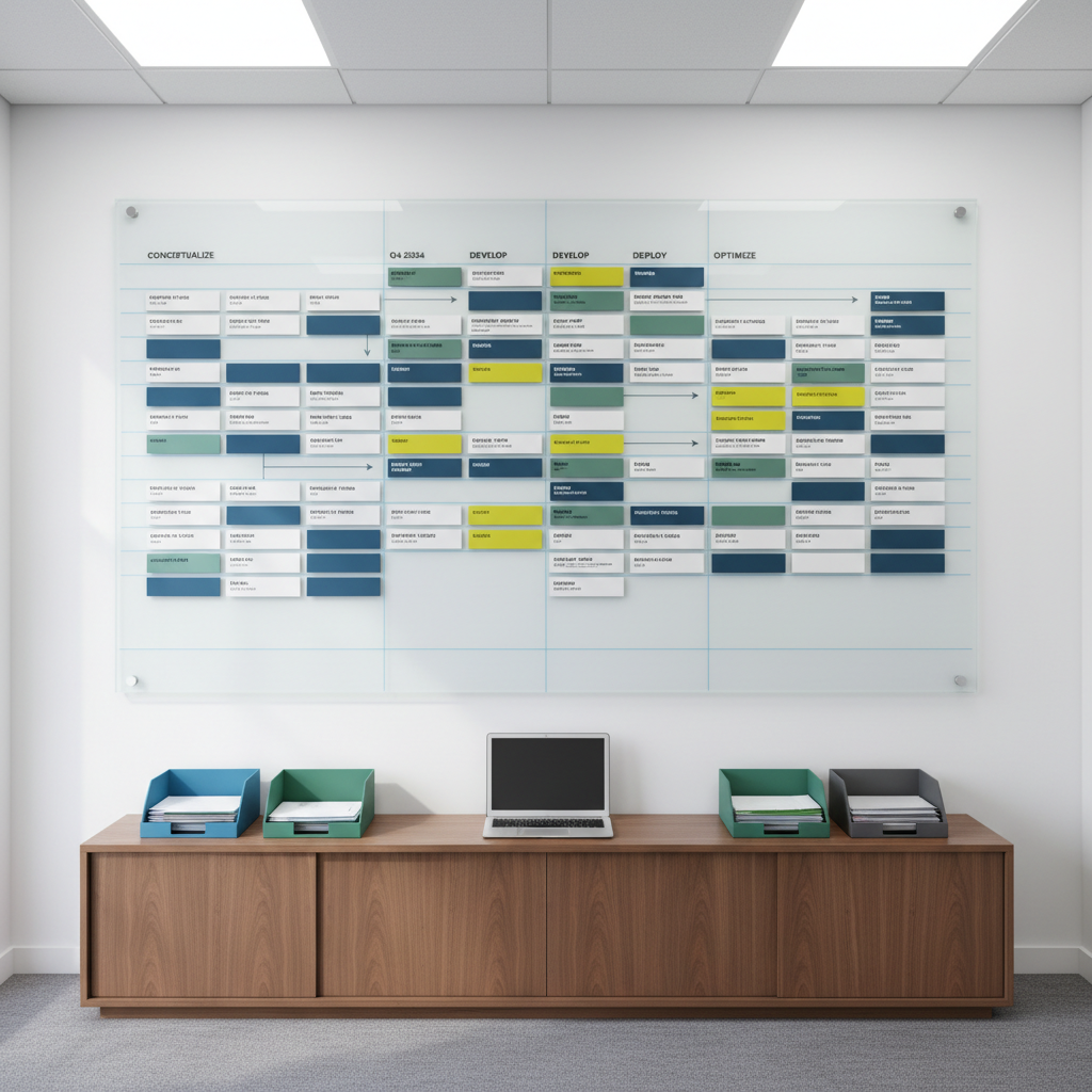 A large frosted-glass wall panel in a modern office shows a detailed project roadmap made of neatly arranged magnetic tiles, each labeled with milestones, timelines, and tasks in clean sans-serif typography. Below, a streamlined walnut credenza holds color-coded document trays and a closed silver laptop, all symmetrically placed. Neutral gray carpeting and white walls create a quiet background. Cool, diffused overhead lighting and subtle daylight from one side produce soft, even illumination with minimal shadows. Captured at eye level with balanced composition and photographic realism, the scene evokes structured project coordination, methodical planning, and steady, reliable management support.