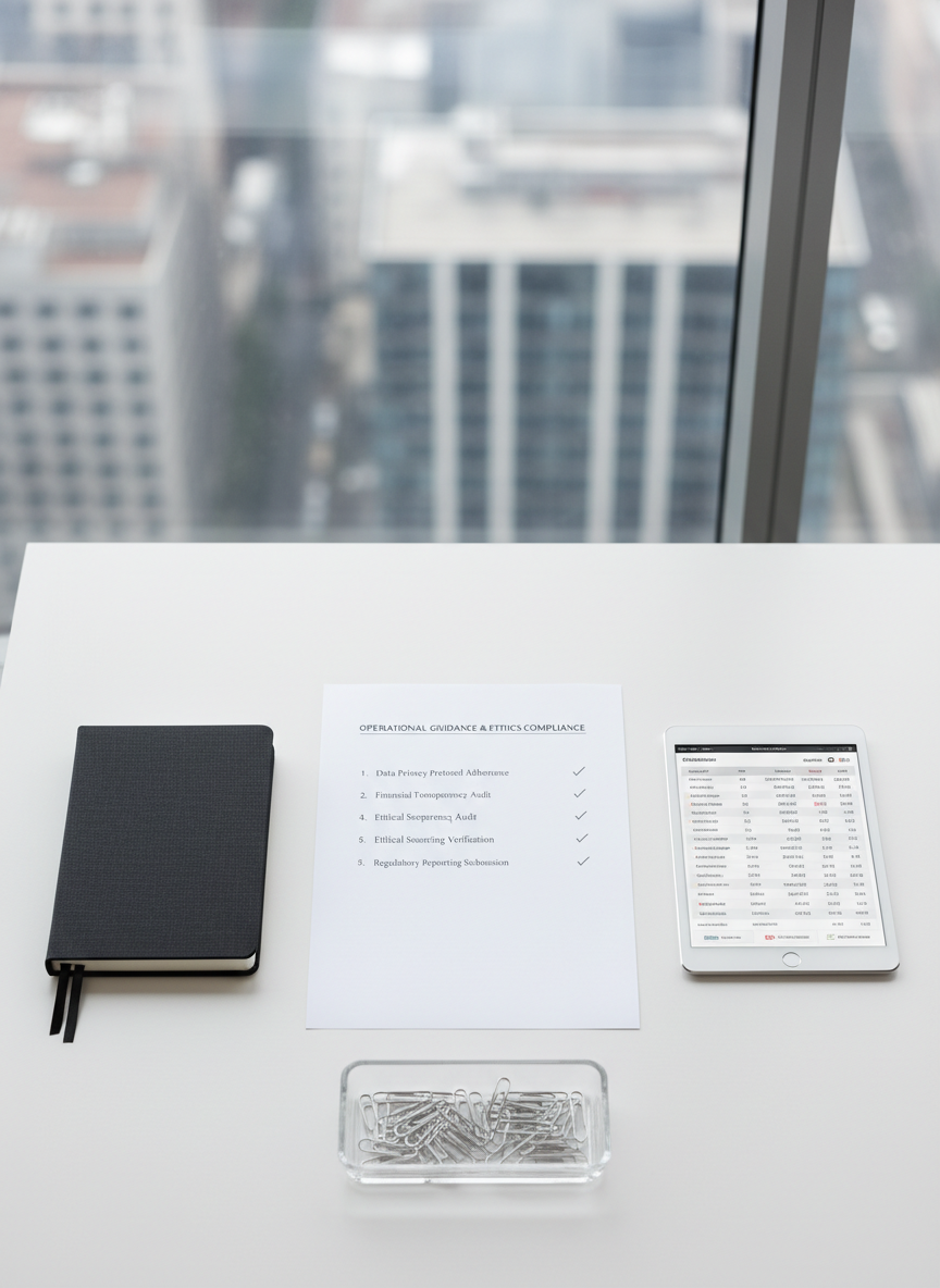 An immaculate white desktop features a precisely aligned compliance checklist printed on high-quality paper, each item checked with a fine gray mark. Nearby, a charcoal notebook, a slim metallic tablet showing a tidy regulatory calendar, and a small glass tray of paperclips are arranged in a measured grid. The surface sits beside a large window revealing only blurred outlines of a cityscape. Soft overcast daylight washes across the scene, creating delicate shadows and a calm, neutral tone palette. Photographic realism, shot from a top-down perspective with sharp detail, emphasizes meticulous compliance guidance, accuracy, and ethical operational support.