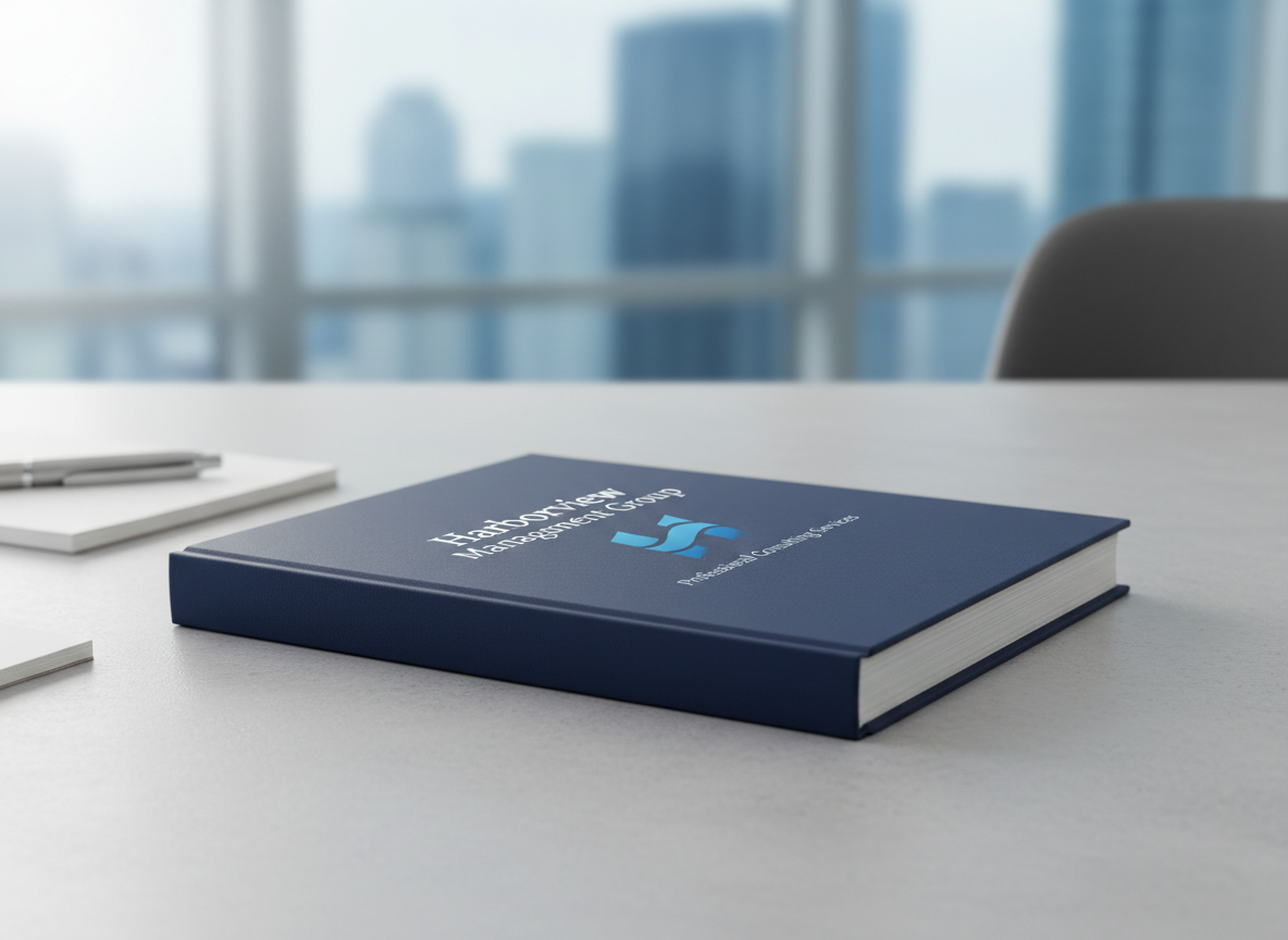 A professional-looking background image featuring a blue book lying flat. The book cover displays the Harborview Management Group actual logo (as found in the site header), and reads 'Harborview Management Group, Professional Consulting Services.' Ensure the color scheme and branding match the logo in the site header. The scene is clean, modern, and businesslike, suitable for a consulting company.